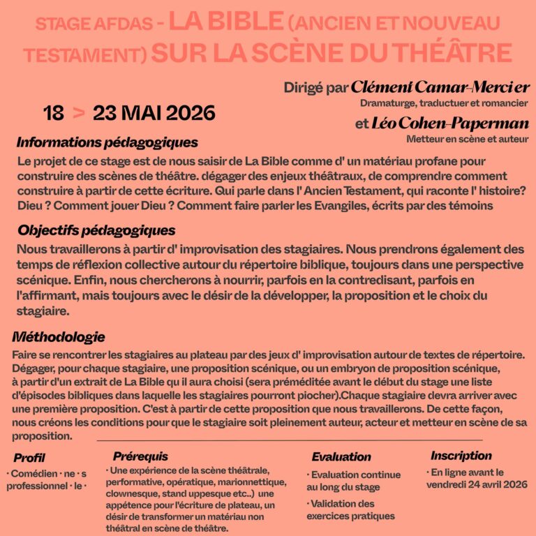Stage   La Bible sur la scène du théâtre à L'Aria